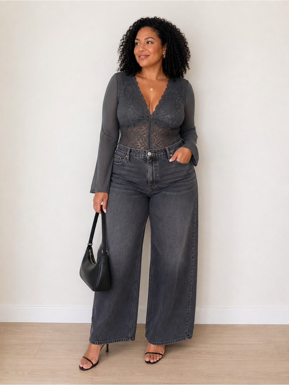 ☮️ 2/$30 La Vie En Rose Plus Charcoal Lace Plunge Bodysuit Size XXL